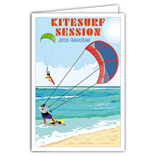 Afie 69-4363 Happy Birthday Card z kopertą - Format plakatu 17x11,5cm Retro Styl Vintage Ilustracja Grafika - Kitesurfing Sport Morze Ocean Fale Wiatr Plaża Piaskowa