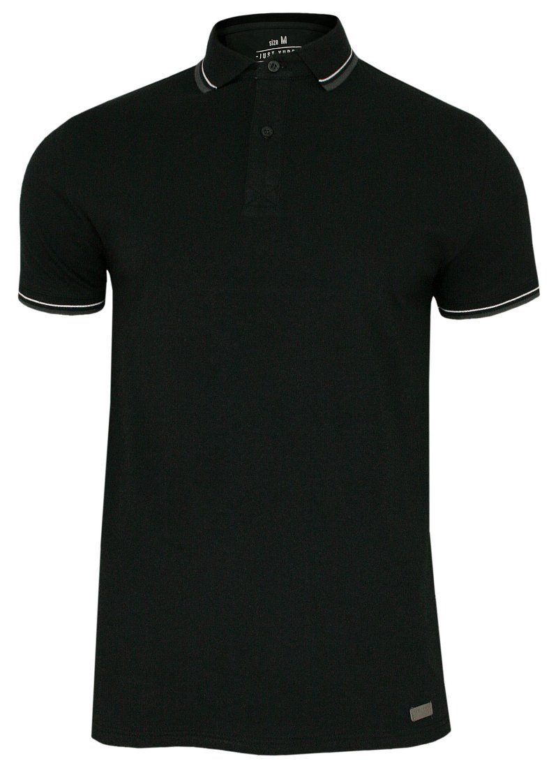 Czarna Elegancka Koszulka Polo, Męska, Krótki Rękaw -Just Yuppi- T-shirt, z Szarą Lamówką