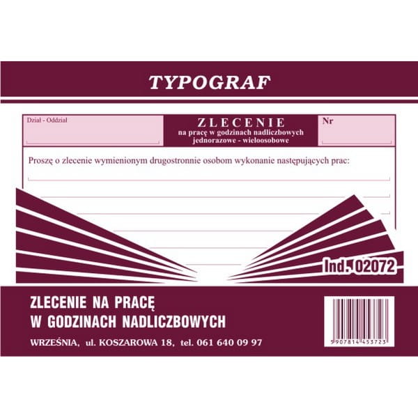Druk offsetowy zlecenie na prace w godzinach nadliczbowych A6 80 kartek TYPOGRAF /02072/