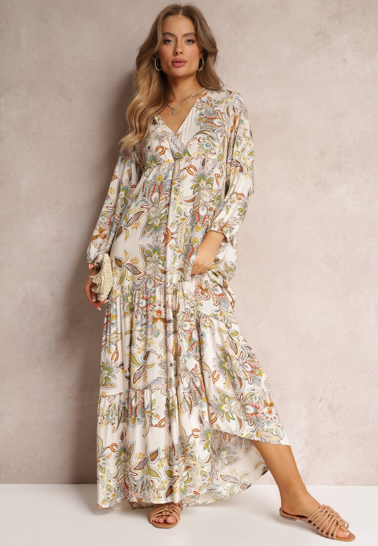 Biało-Beżowa Sukienka Oversize w Kwiaty Iophne