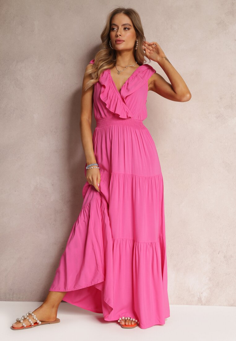 Fuksjowa Rozkloszowana Sukienka Maxi z Gumką w Talii i Falbanką Laylani