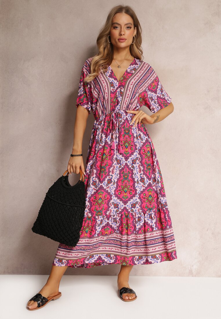 Fuksjowa Wiskozowa Sukienka Maxi z Gumką w Pasie i Falbanką Cophine