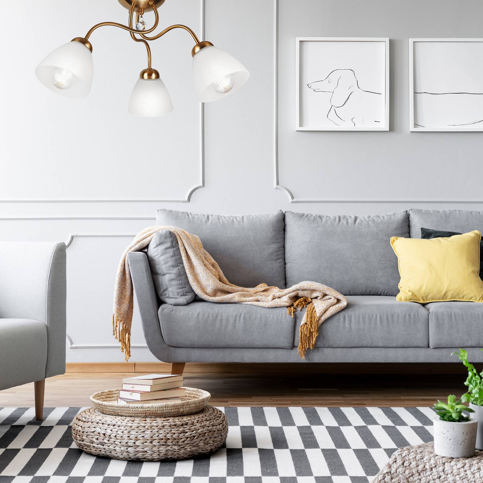 Lampa sufitowa Miranda, 3-punktowa, mosiądz