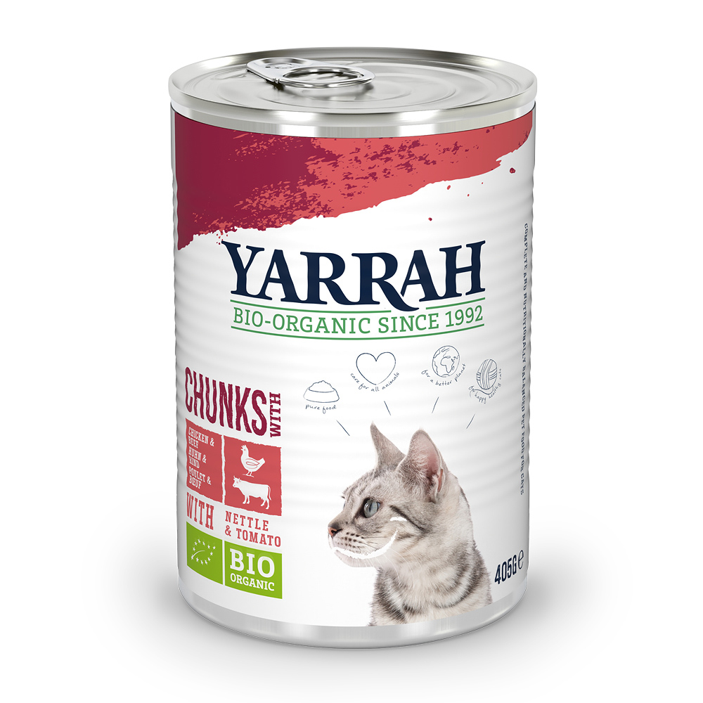 Yarrah Bio kawałeczki, 6 x 405 g  - Biokurczak i biowołowina z biopokrzywą i biopomidorami w sosie