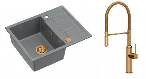 Quadron Unique Zlewozmywak granitowy jednokomorowy 62*50*22 cm z ociekaczem MORGAN 116 SILVER STONE z syfonem Push-2-Open w kolorze miedzianym z baterią MARILYN Q LINE z ruchomą wylewką kolor miedziany