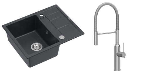 Quadron Unique Zlewozmywak granitowy jednokomorowy 62*50*22 cm z ociekaczem MORGAN 116 BLACK DIAMOND z syfonem Push-2-Open w kolorze stalowym z baterią MARILYN Q LINE z ruchomą wylewką kolor Stal szczotkowana