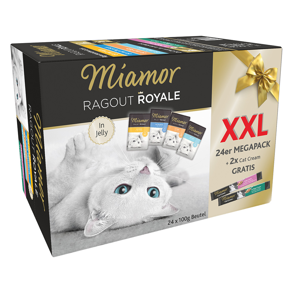 Pakiet próbny Miamor Ragout Royale, 12 x 100 g - Mix w galarecie 24 x 100 g + 2 x cat cream