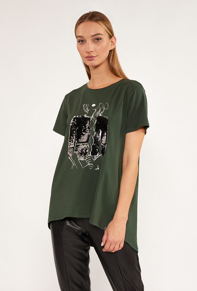 T-shirt z cekinowym panelem - Monnari