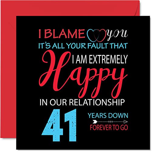 Zabawna kartka z okazji 41. rocznicy dla męża żony – 'Your Fault I'm Niezwykle Happy 41. rocznica ślubu dla partnera, 145 mm x 145 mm kartki z życzeniami na czterdzieści pierwsze rocznice