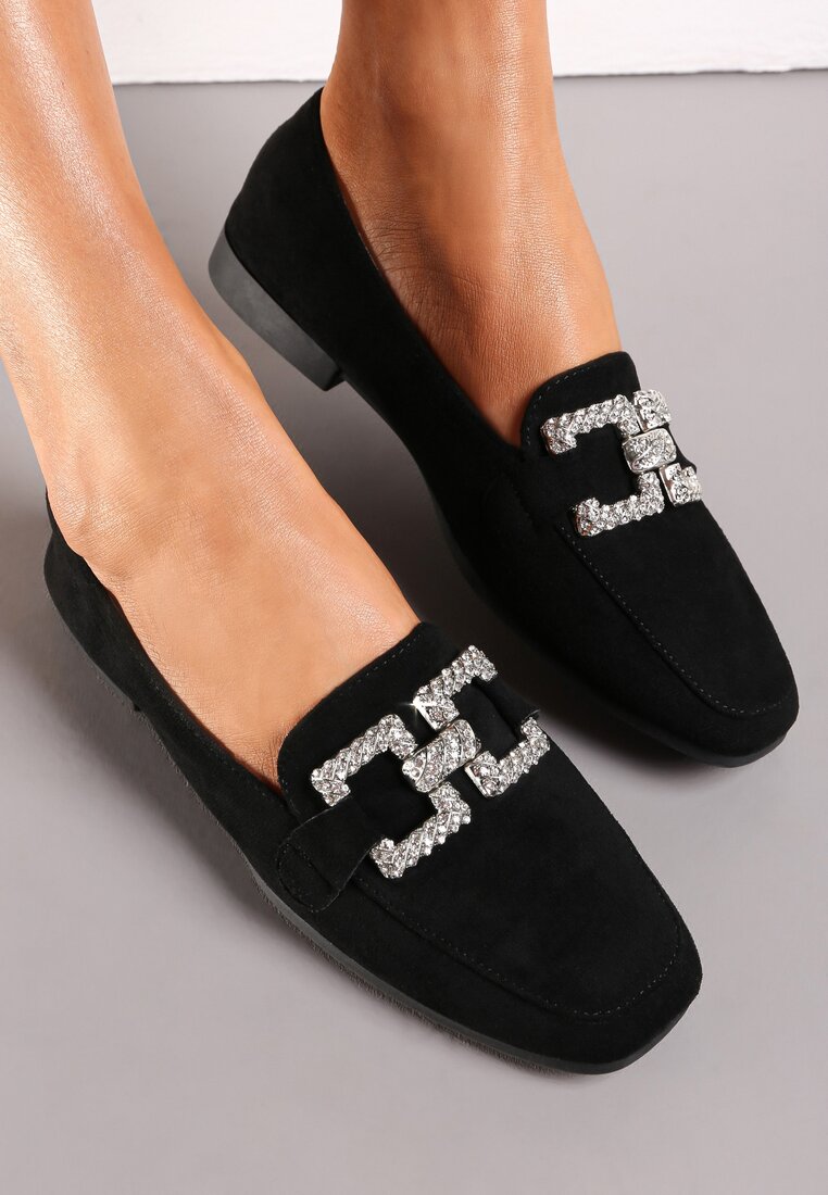 Czarne Mokasyny z Klamerką w Cyrkonie Bile