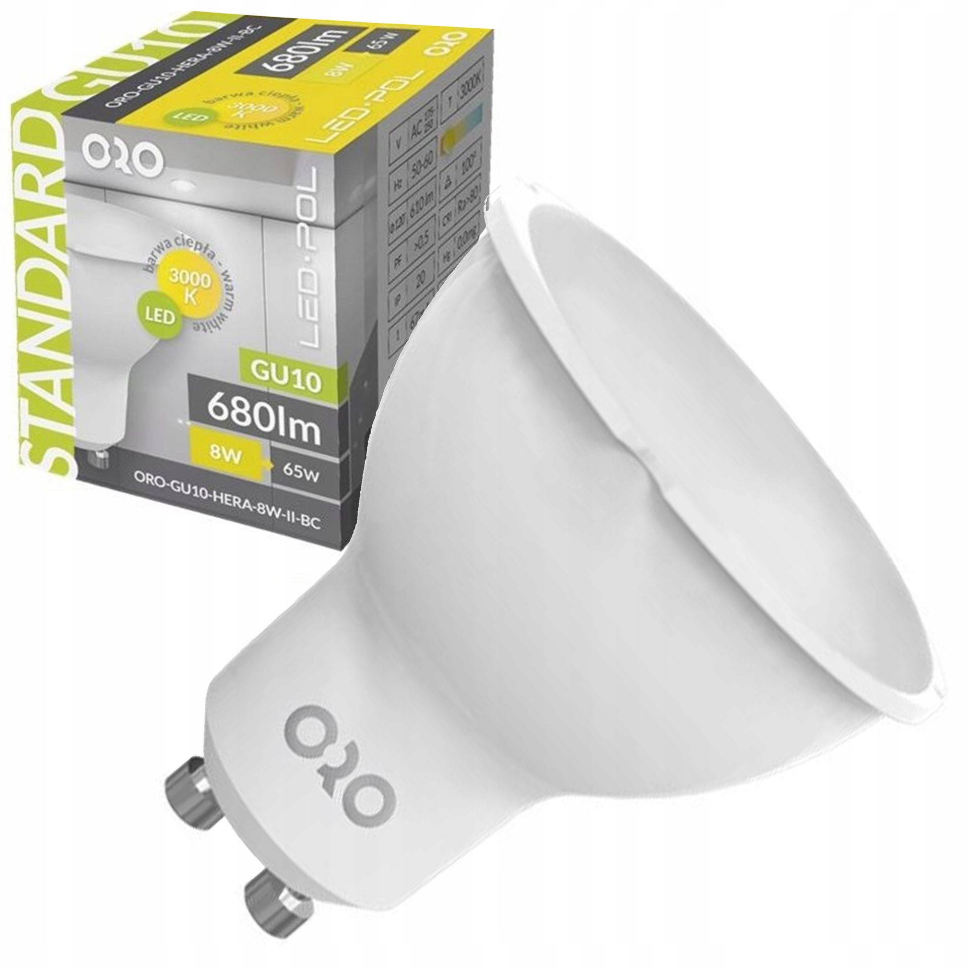 Żarówka LED GU10 8W 680lm 3000K ORO-GU10-HERA-8W-II-BC