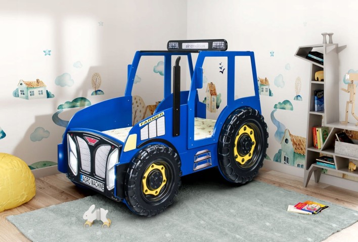 Łóżko pojedyncze TRAKTOR niebieski z materacem