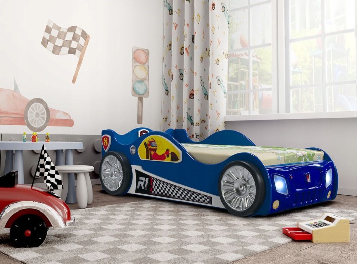 Łóżko samochodzik dla dziecka MONZA niebieskie z materacem