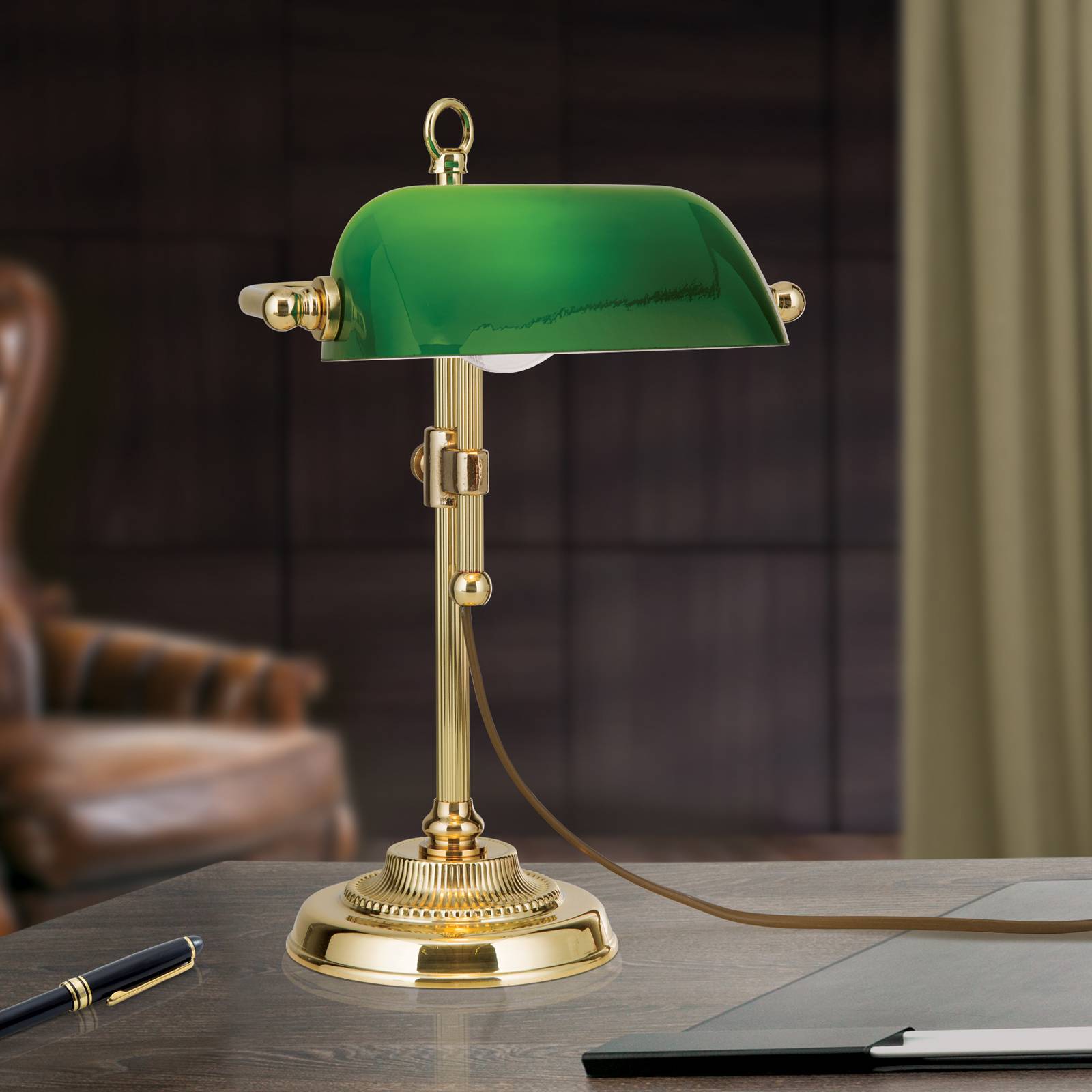 Lampa bankierska Harvard, mosiądz/zielony, 32 cm