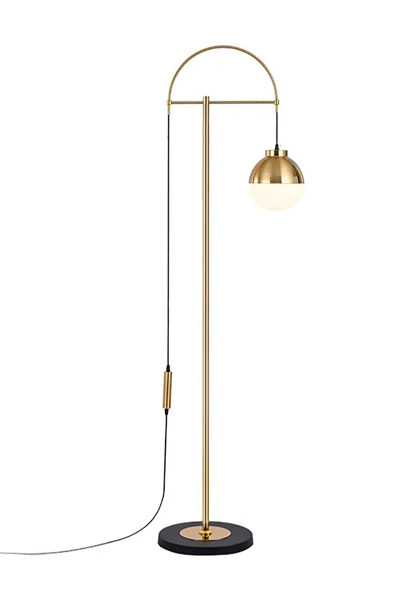Lampa podłogowa E27 ABIES złota, mleczna kula na wysięgniku GTV DECOR