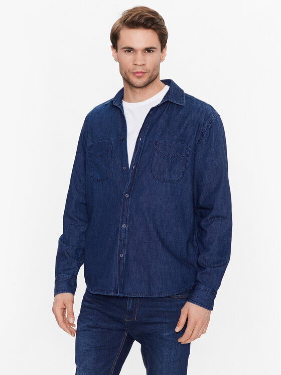 Sisley Koszula jeansowa 5FV6SQ017 Granatowy Regular Fit