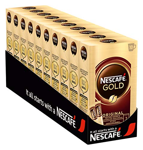 NESCAFÉ GOLD Oryginalna, rozpuszczalna kawa ziarnista z wyselekcjonowanych ziaren kawy, proszek rozpuszczalny zawierający kofeinę, pełna i aromatyczna, opakowanie 10 sztuk (po 10 x 2 g)