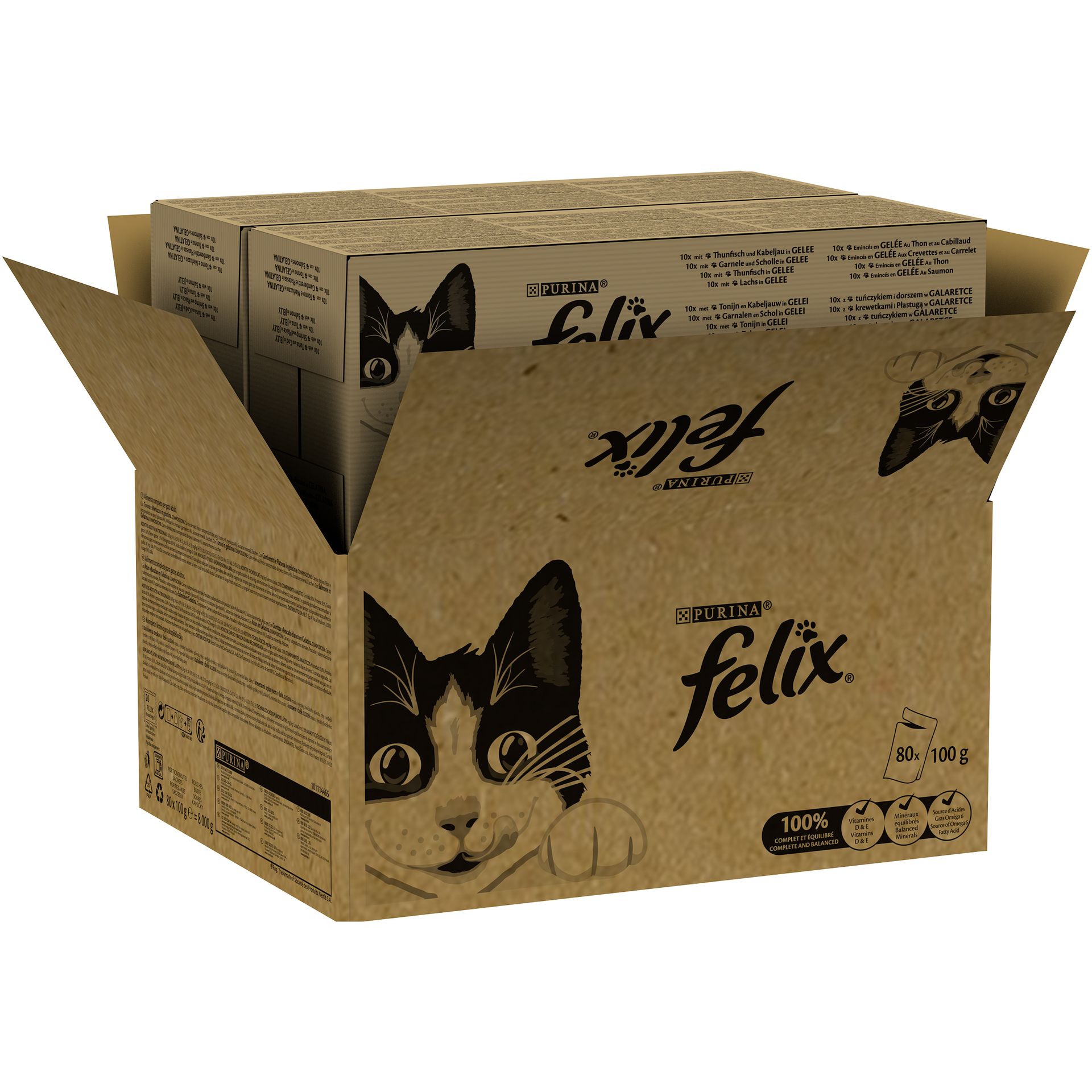 Megapakiet Felix Classic, saszetki, 80 x 85 g - Tuńczyk i dorsz, krewetki i gładzica, tuńczyk, łosoś
