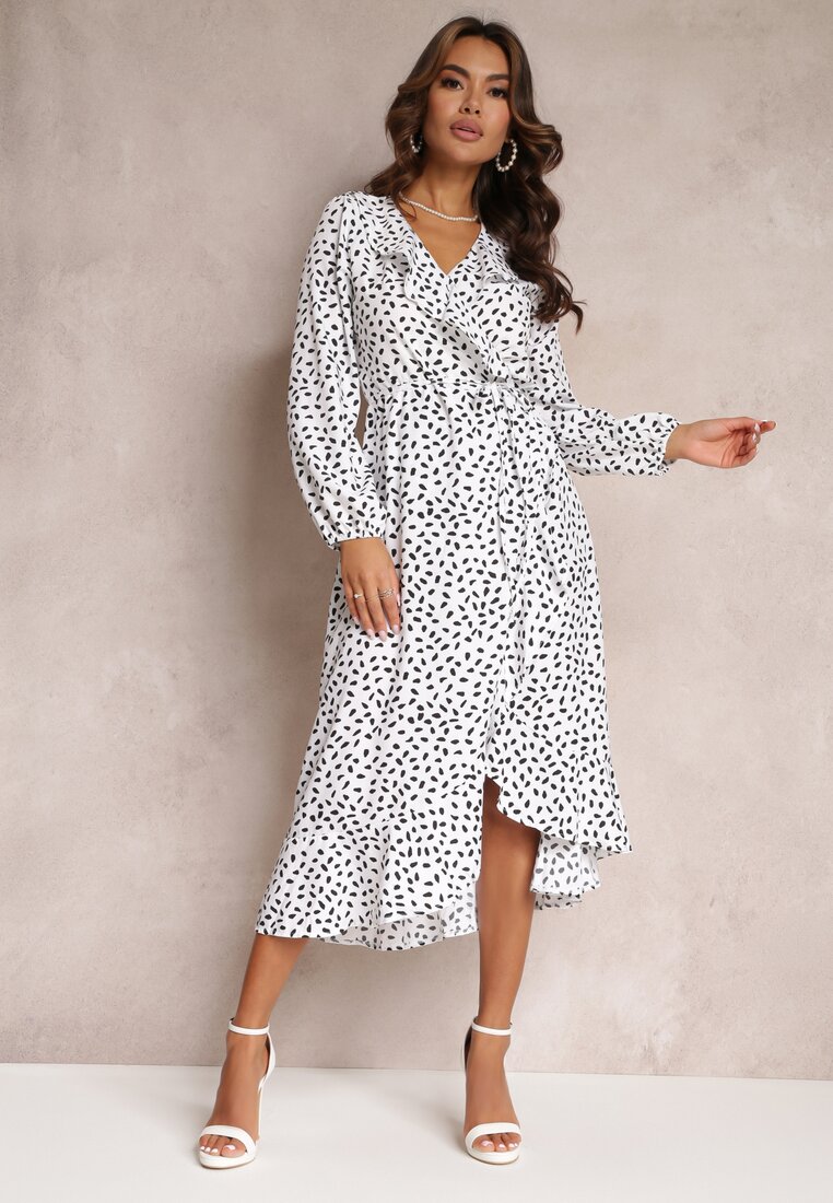 Biała Kopertowa Sukienka Midi z Falbankami i Wzorem w Kropki Averyterry