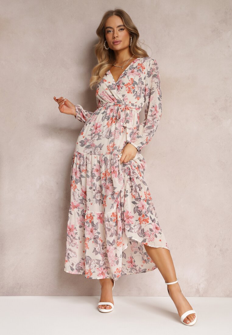 Beżowa Sukienka Maxi z Kopertowym Dekoltem i Gumką z Wiązaniem w Talii Alret