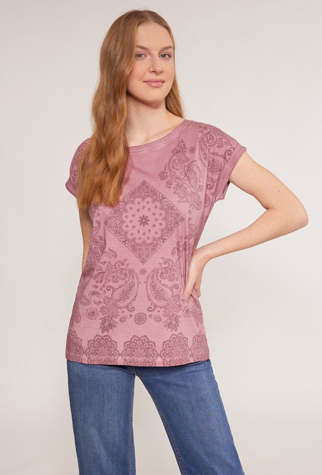 Wzorzysty, bawełniany t-shirt damski - Monnari