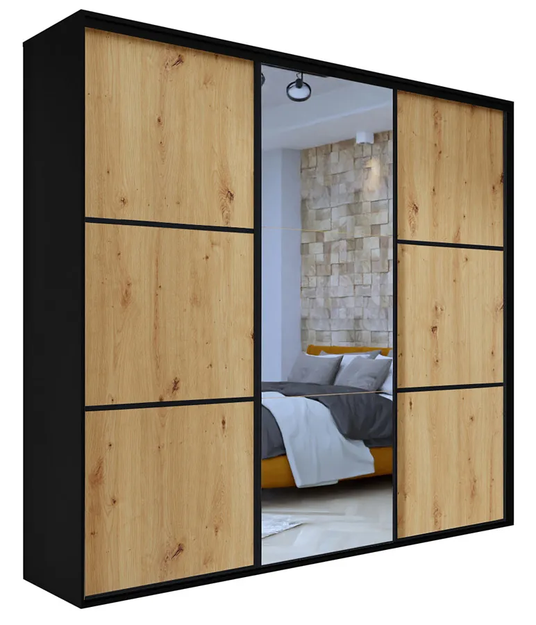 Szafa przesuwna czarna + dąb artisan + czarne szprosy M5-F59