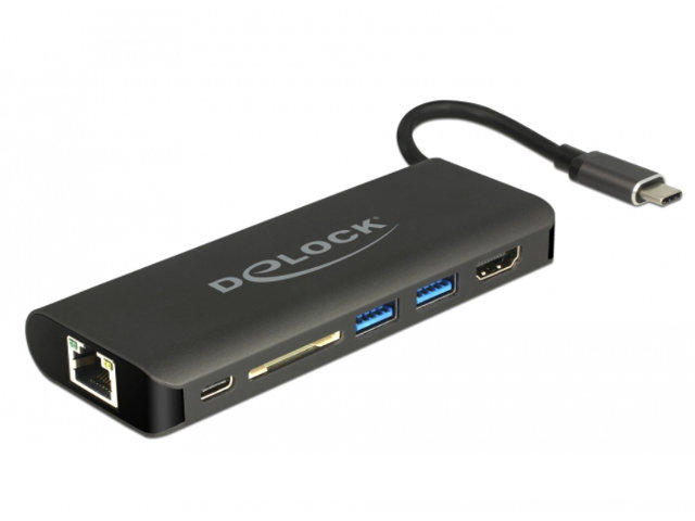 Delock Replikator portów USB Type-C > HDMI LAN 2x USB 3.0 czytnik SD USB Type-C + zasilanie czarny AKDONASD0060