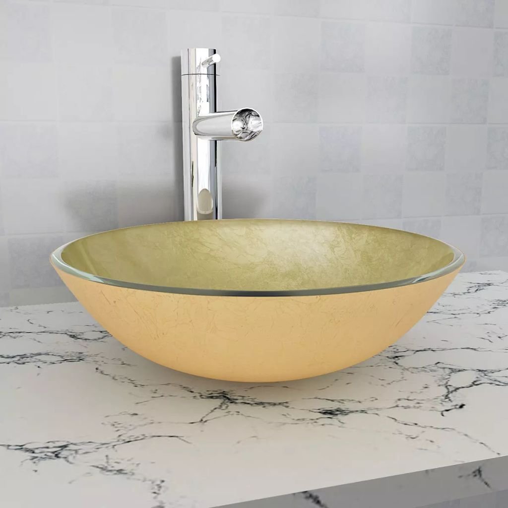 vidaXL Umywalka z hartowanego szkła 42 cm, kolor złota