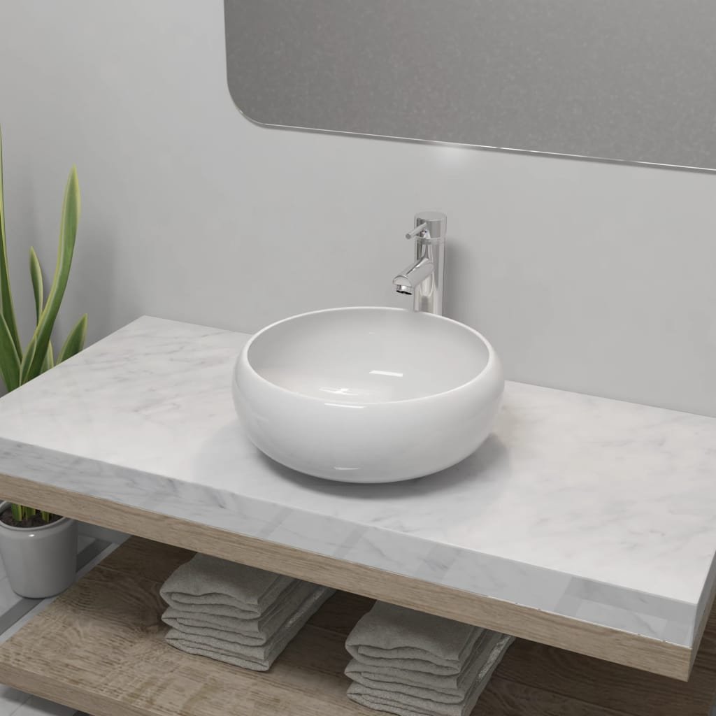 vidaXL Umywalka z baterią mieszającą, ceramiczna, okrągła, biała