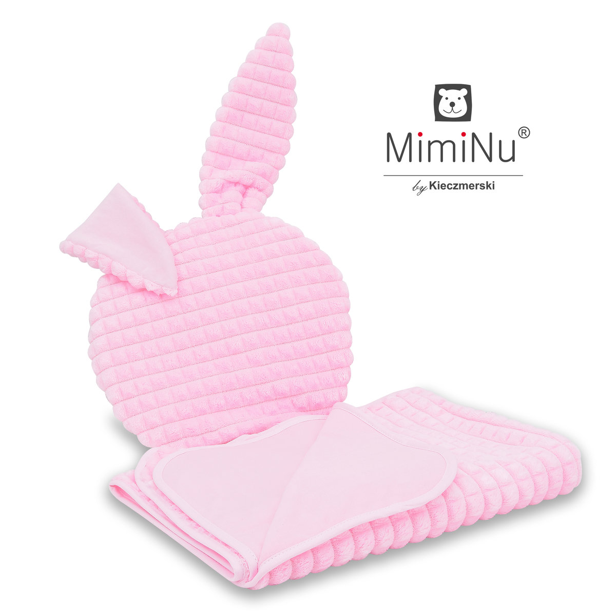 MimiNu by Kieczmerski, Komplet: Kocyk z poduszeczką z uszami, różowy