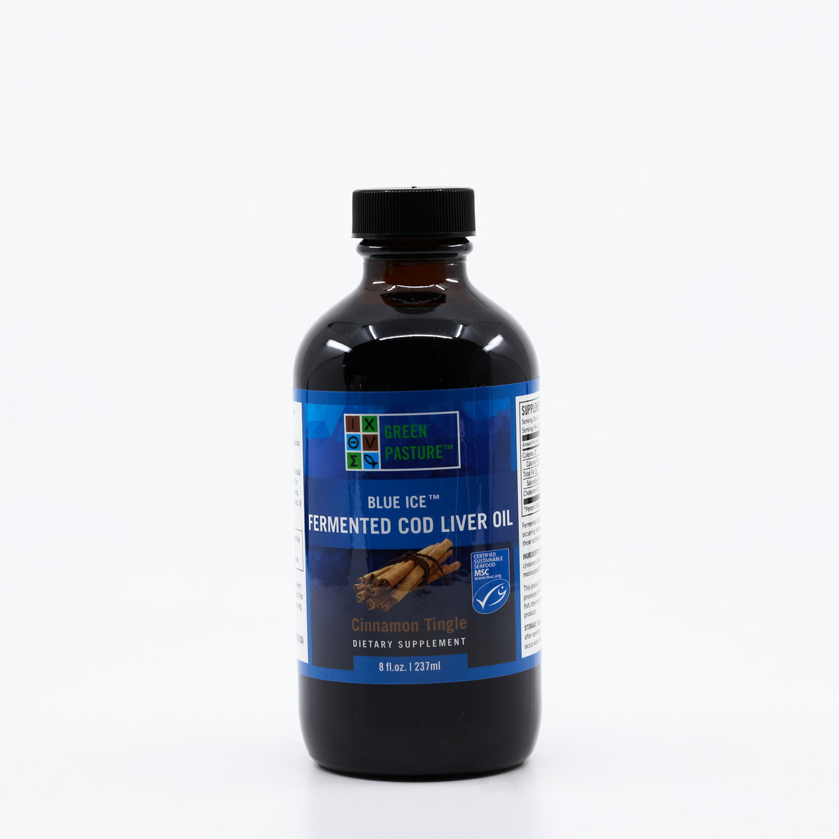 Green Pasture, Blue Ice, fermentowany olej z wątroby dorsza + cynamon, 237 ml