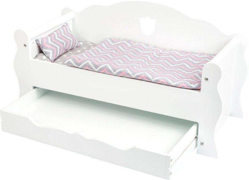 Small Foot by Legler Small Foot 12024 łóżko dla lalek białe z drewna z szufladą i akcesoriami, może być również stosowane jako sofa, dla miłośników lalek od 3 lat, zabawka, wielokolorowe