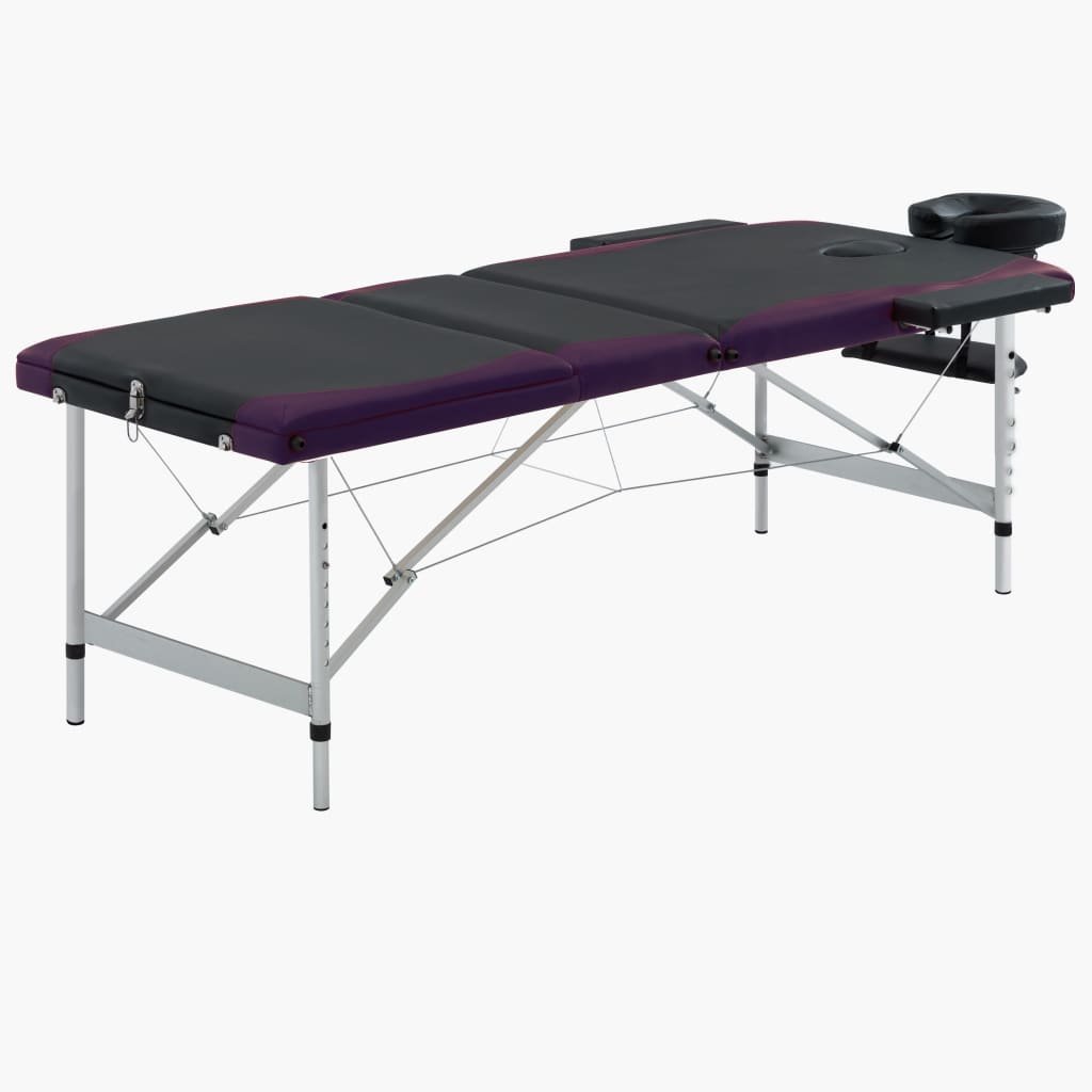 VidaXL 3-strefowy, składany stół do masażu, aluminium, czarno-fioletowy
