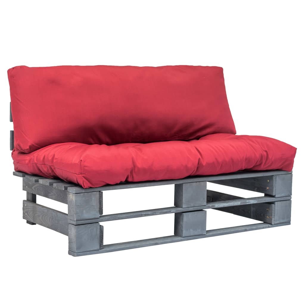 vidaXL Sofa ogrodowa z palet z czerwonymi poduszkami, szare drewno FSC