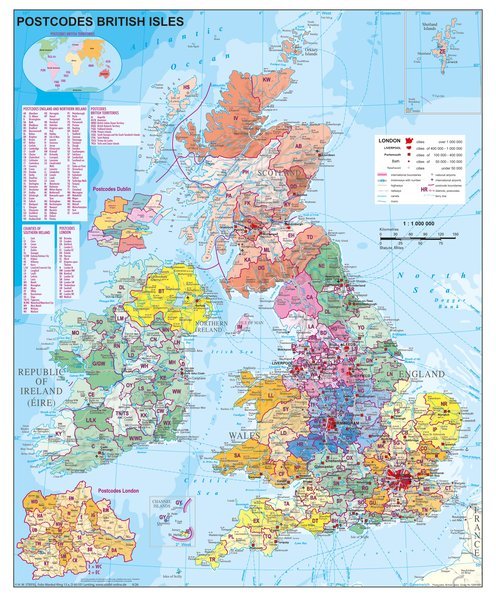 Stiefel, Wielka Brytania. Mapa ścienna kody pocztowe na podkładzie 1:1 200 000