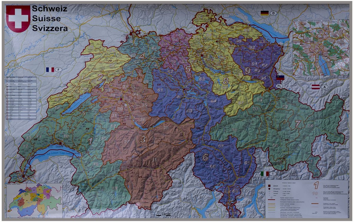 Stiefel, Szwajcaria. Mapa ścienna kody pocztowe na podkładzie do wpinania 1:400 000