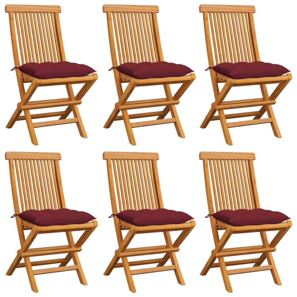 vidaXL Lumarko Krzesła ogrodowe, czerwone poduszki, 6 szt., drewno tekowe 3065614