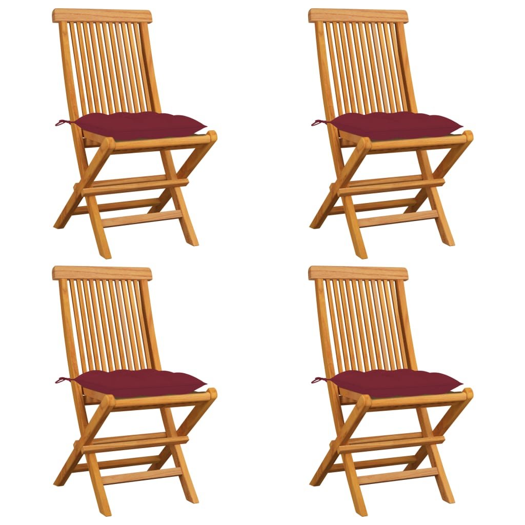 vidaXL Lumarko Krzesła ogrodowe, czerwone poduszki, 4 szt., drewno tekowe 3062592