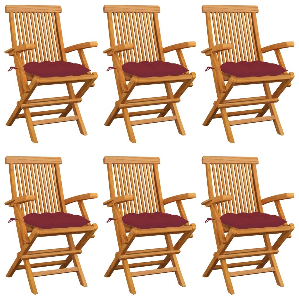 vidaXL Lumarko Krzesła ogrodowe, czerwone poduszki, 6 szt., drewno tekowe! 3062565