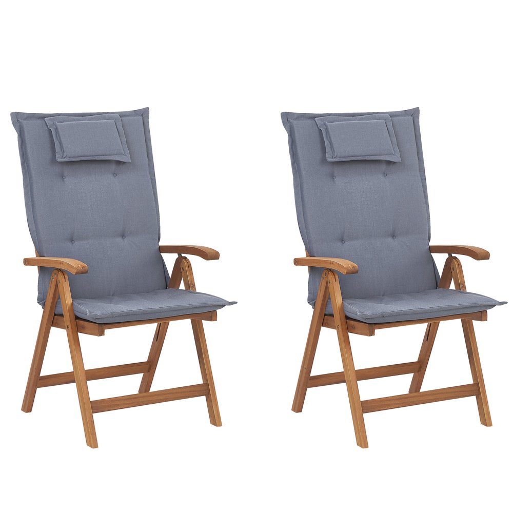 Shumee Zestaw 2 krzeseł ogrodowych drewnianych z niebieskimi poduszkami JAVA 259611