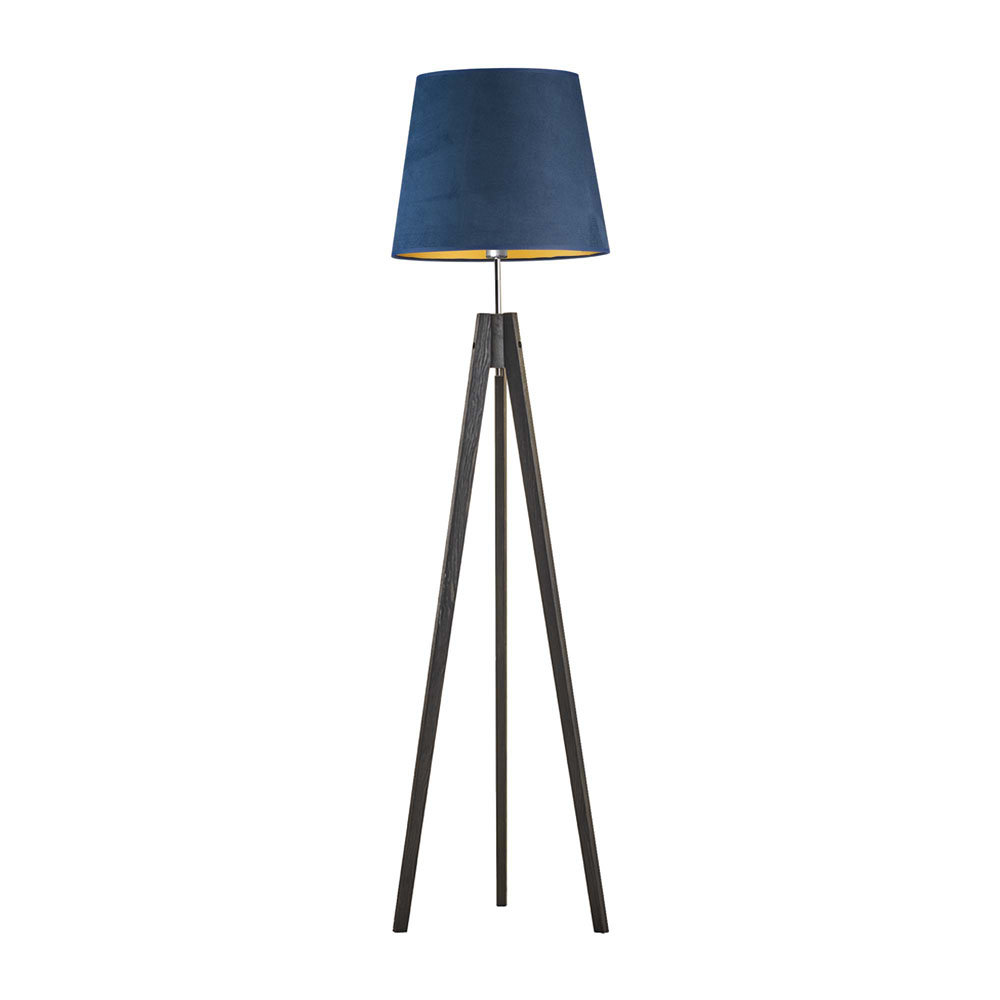 Lampa Stojąca, Podłogowa Typu Drewniany Tripod Aruba Velur, Granatowy Ze Złotym Wnętrzem