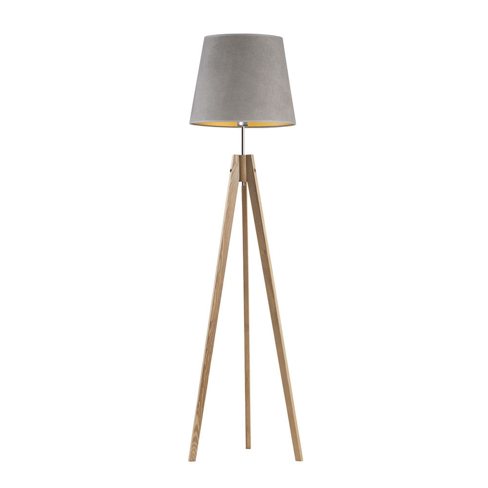 Trójnożna Lampa Stojąca Na Drewnianych Nóżkach Aruba Velur, Szary Ze Złotym Wnętrzem
