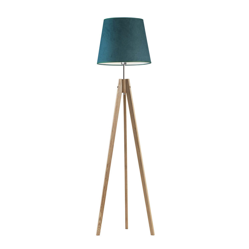 Trójnożna Lampa Stojąca Na Drewnianych Nóżkach Aruba Velur, Zieleń Butelkowa