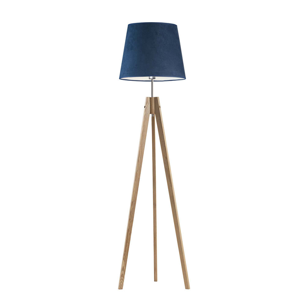 Trójnożna lampa stojąca na drewnianych nóżkach ARUBA VELUR - kolor abażura: granatowy