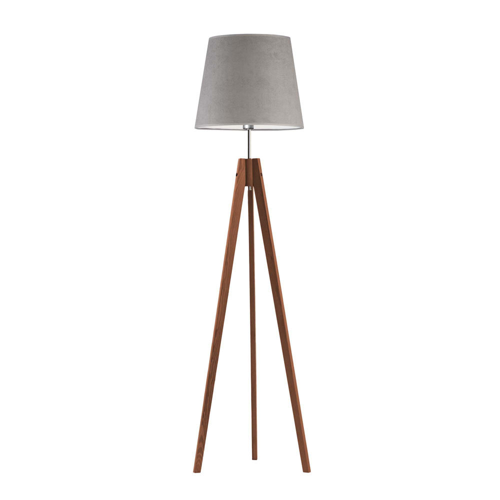 Lampa podłogowa na 3 drewnianych nogach w stylu skandynawskim ARUBA VELUR - kolor abażura: szary