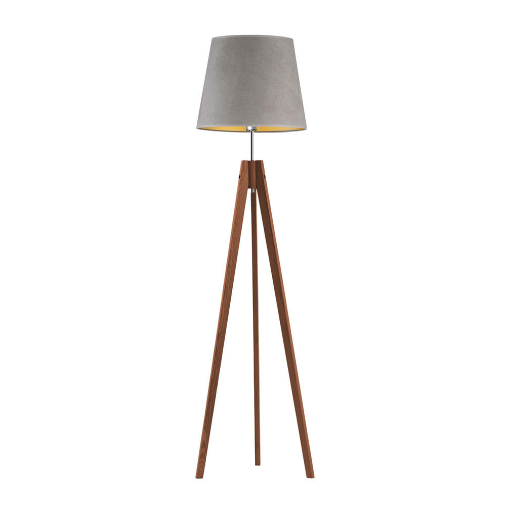 Drewniana lampa stojąca tripod ARUBA VELUR - kolor abażura: szary ze złotym wnętrzem