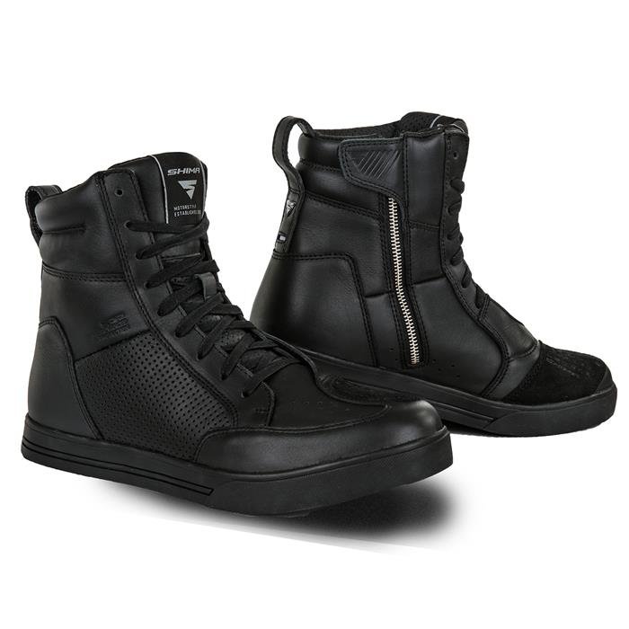 SHIMA BLAKE męskie buty motocyklowe - skórzane, wzmocnione, przewiewne trampki motocyklowe z ochraniaczami kostki, antypoślizgową podeszwą i nadkładką zmiany biegów (Czarne, 46)