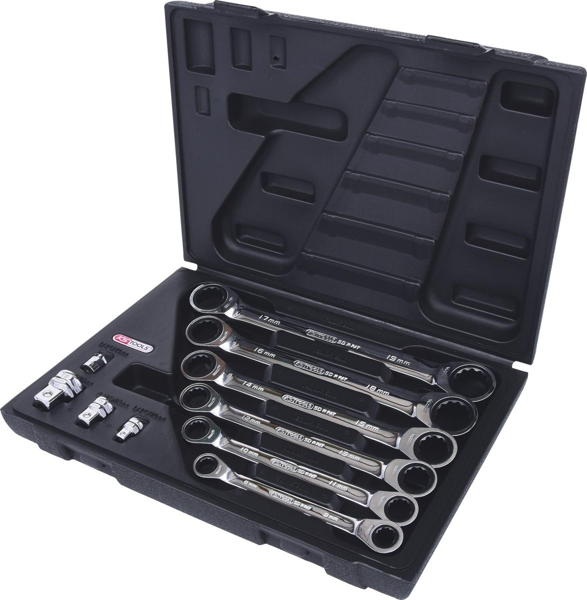 KS Tools 503.4560 Gear Plus zestaw kluczy z podwójną grzechotką pierścieniową, 10-częściowy, 8 X 9  17 X 19, z zamkiem adapter 503.4560