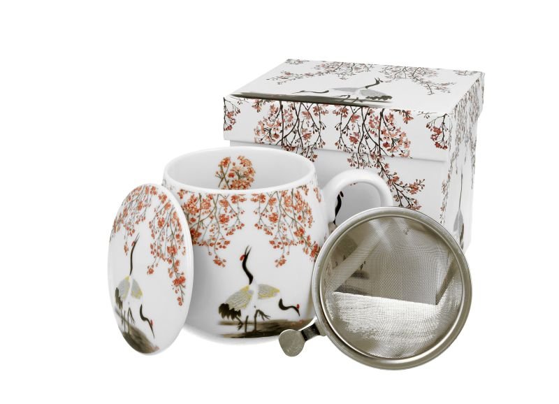 Kubek z zaparzaczem i pokrywką porcelanowy, baryłka DUO SAKURA I ŻURAWIE 430 ml