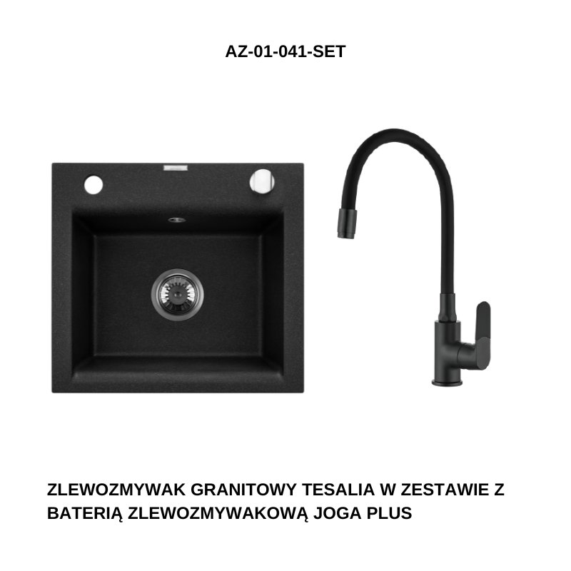 INVENA ZLEWOZMYWAK GRANITOWY 1K TESALIA SYFON CHROM W ZES Z CZARNĄ BZ JOGA PLUS